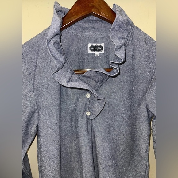 Mudpie Womens XS Pullover Blue Chambray Dress Ruffle Neck Long Sleeve EUC - Picture 3 of 6